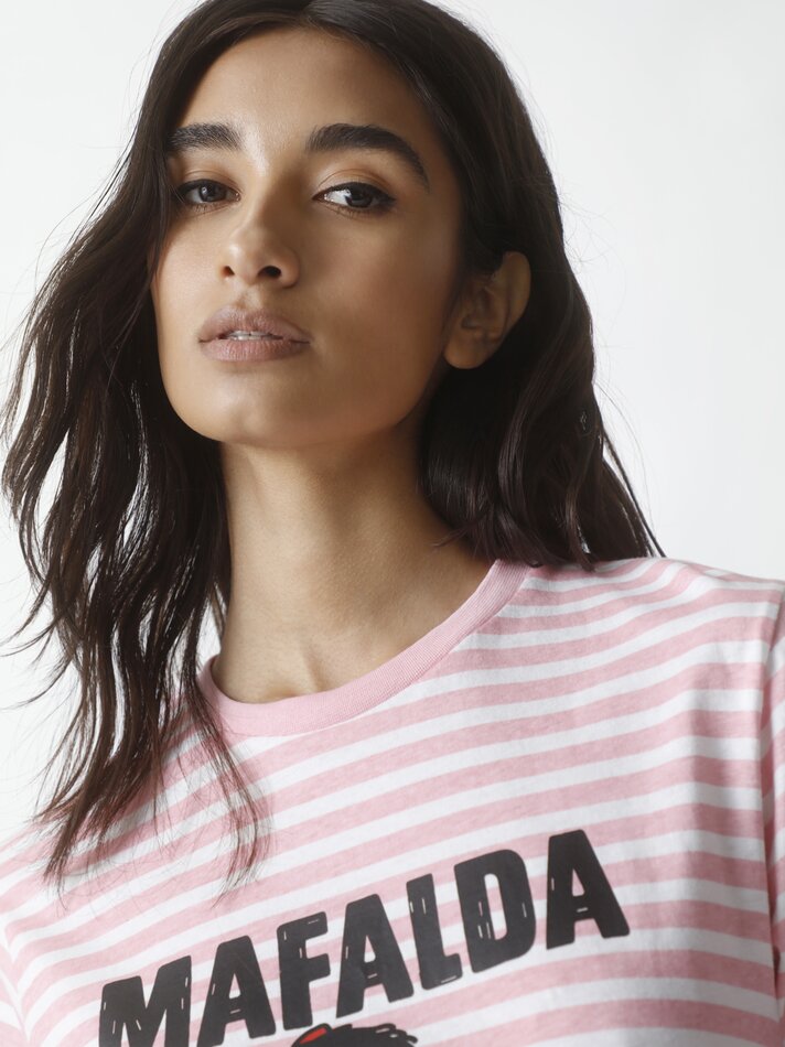 Camiseta listrada Mafalda - Rosa/Branca