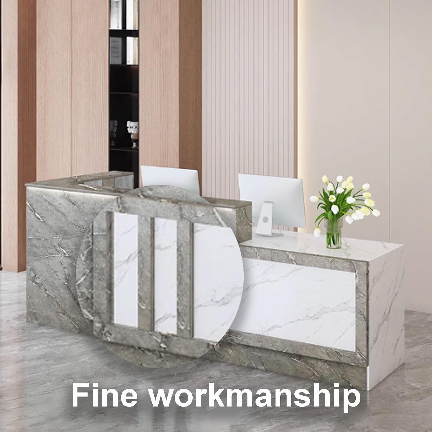 Moderner LED-Empfangstisch, stilvoller brauner und weißer Büro-Tresentisch für Lobby & Schönheitssalons, großer stehender Business-Empfangstheke mit Lichtstreifen