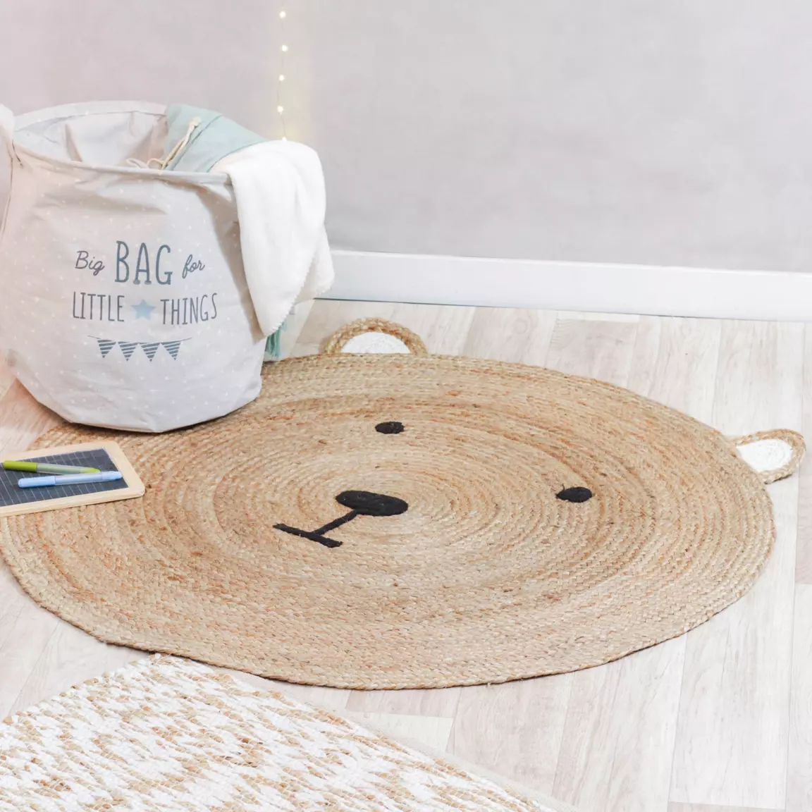 Tapis rond jute enfant (100 cm) Ourson Beige