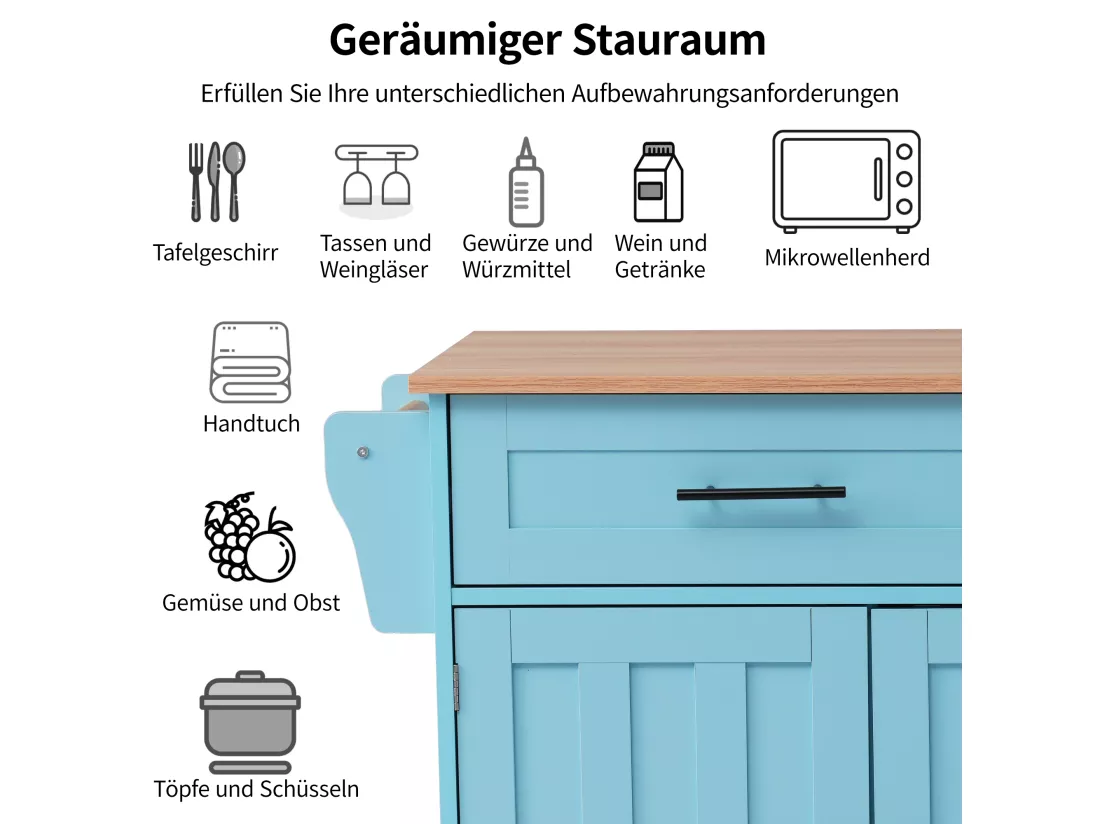 Ilot central de cuisine mobile avec 3 portes et 2 tiroirs - plateau extensible - 129x46/71x91,5 cm - Bois MDF + métal - Bleu