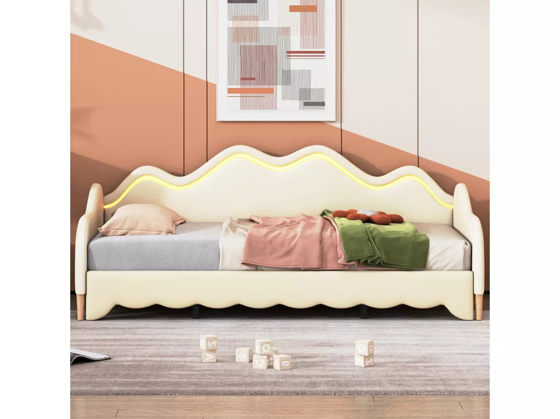 Lit gigogne 90/180 x 190 cm pour enfant - Canapé-lit - Cuir PU - LEDs - Beige