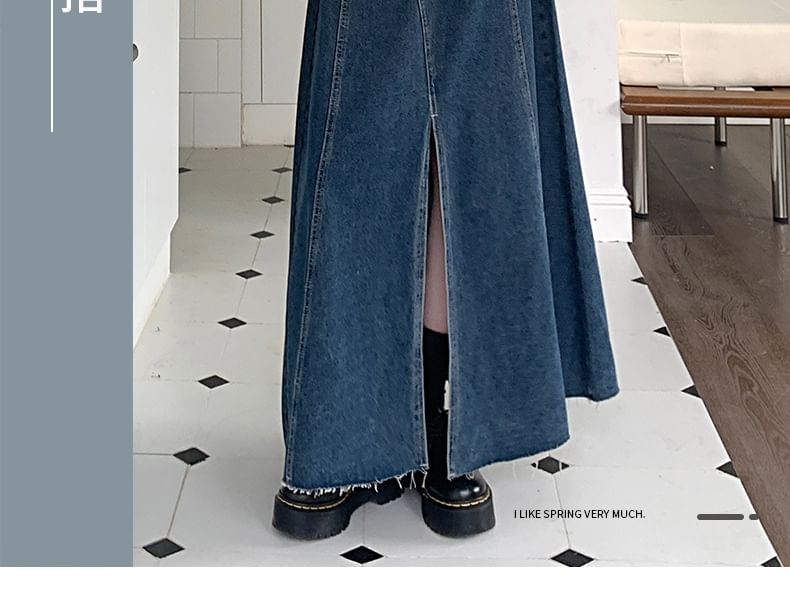 Denimot - Hoge taille gewassen, gerafeld split maxi A-lijn denim rok