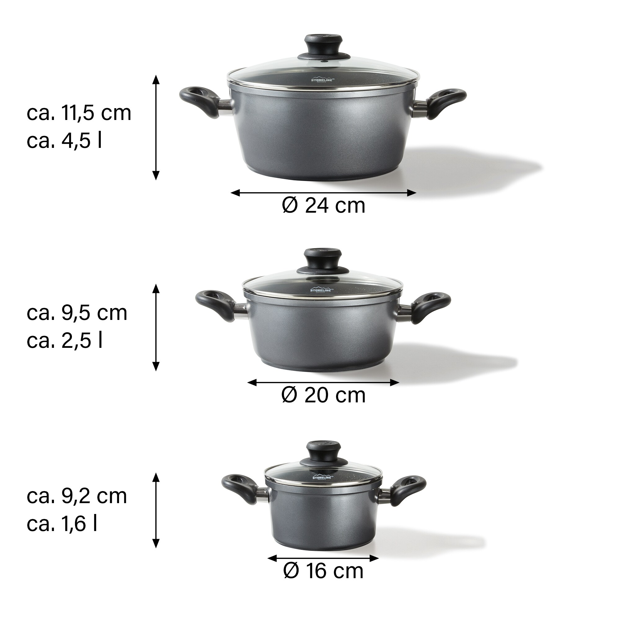 STONELINE® Topfset 6 teilig mit Glasdeckel, beschichtete Aluguss Töpfe Backofen & Induktion geeignet