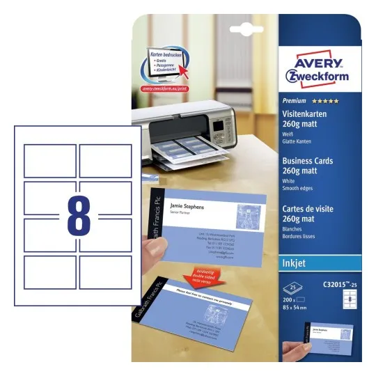 Visitkort Avery Quick&Clean™ til inkjetprinter 85x54 mm hvid 260g - (8 stk. x 25 ark)