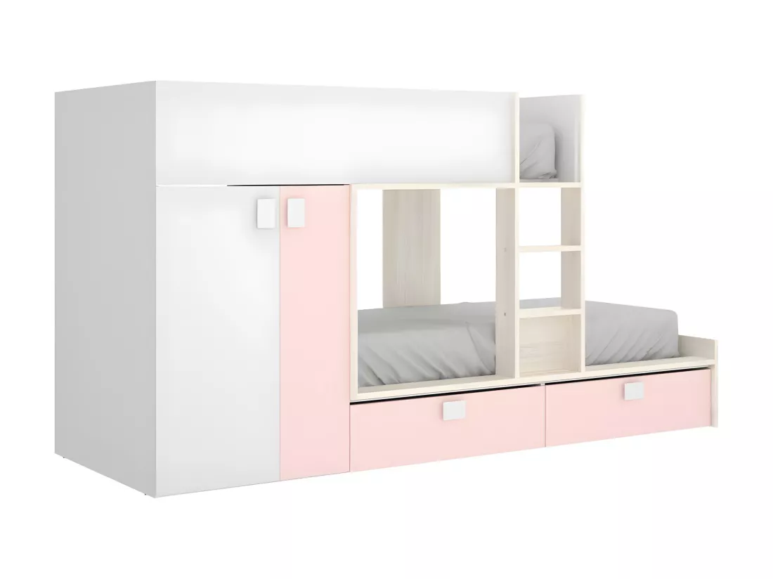 Lits Superposés 2 x 90 x 190 cm - Armoire intégrée - Blanc, naturel et rose - JUANITO