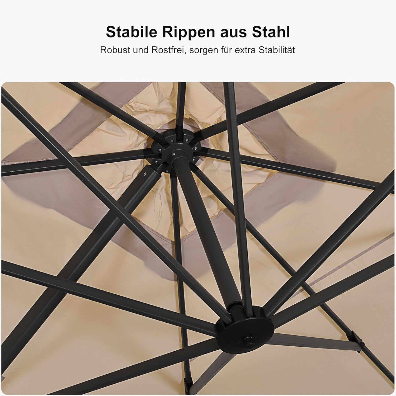 PURPLE LEAF Sonnenschirm 270 x 270 cm Groß Ampelschirm mit Kurbel 360-Grad Drehbar mit Fußpedal und Kreuzsockel für Terrasse, Balkon Sonnenschutz, Beige