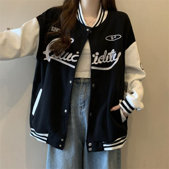 Racoon - Oversized enkelrijs baseballjack met geborduurde letters