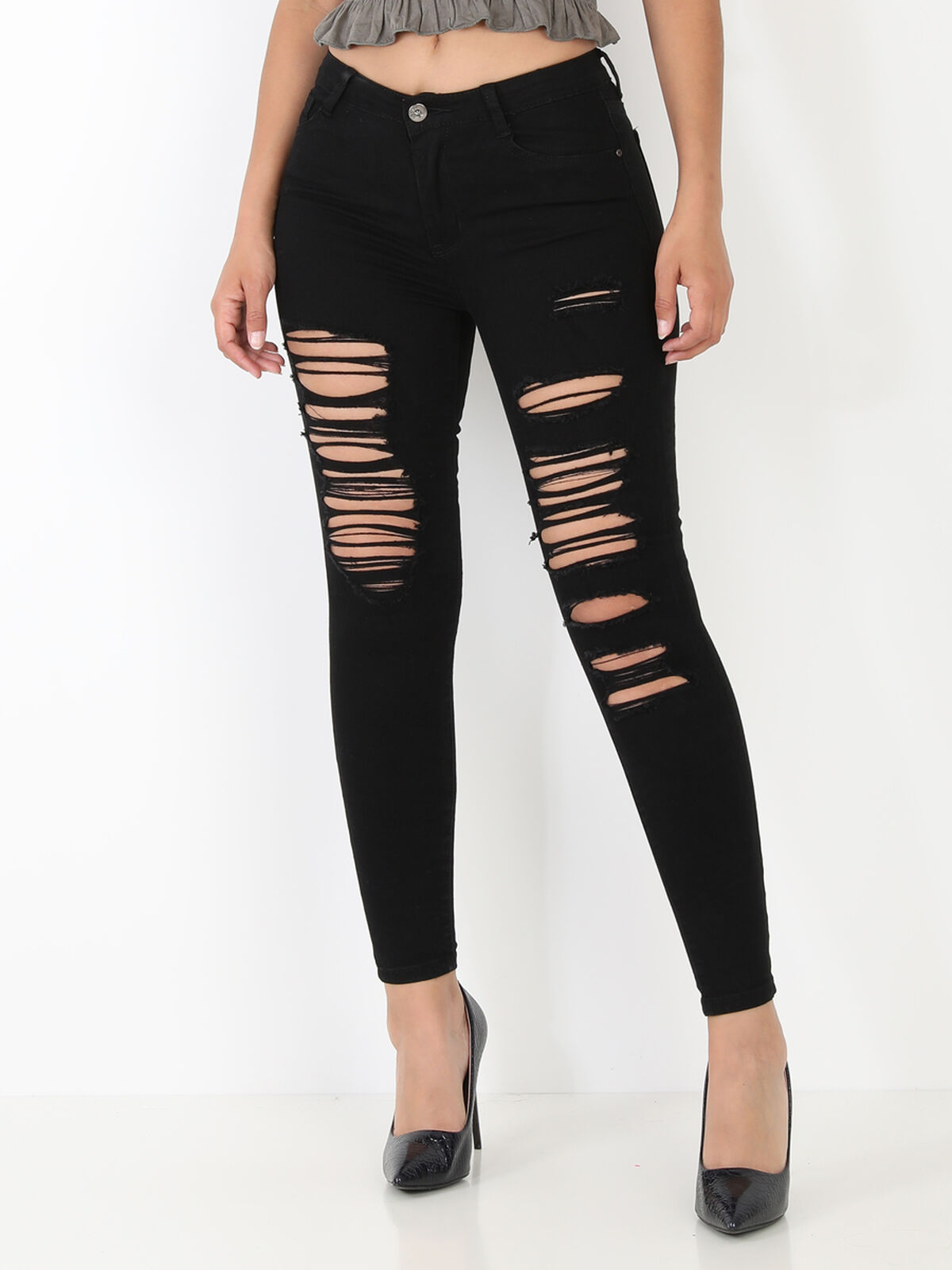 Jeans skinny moulant et destroy- Noir