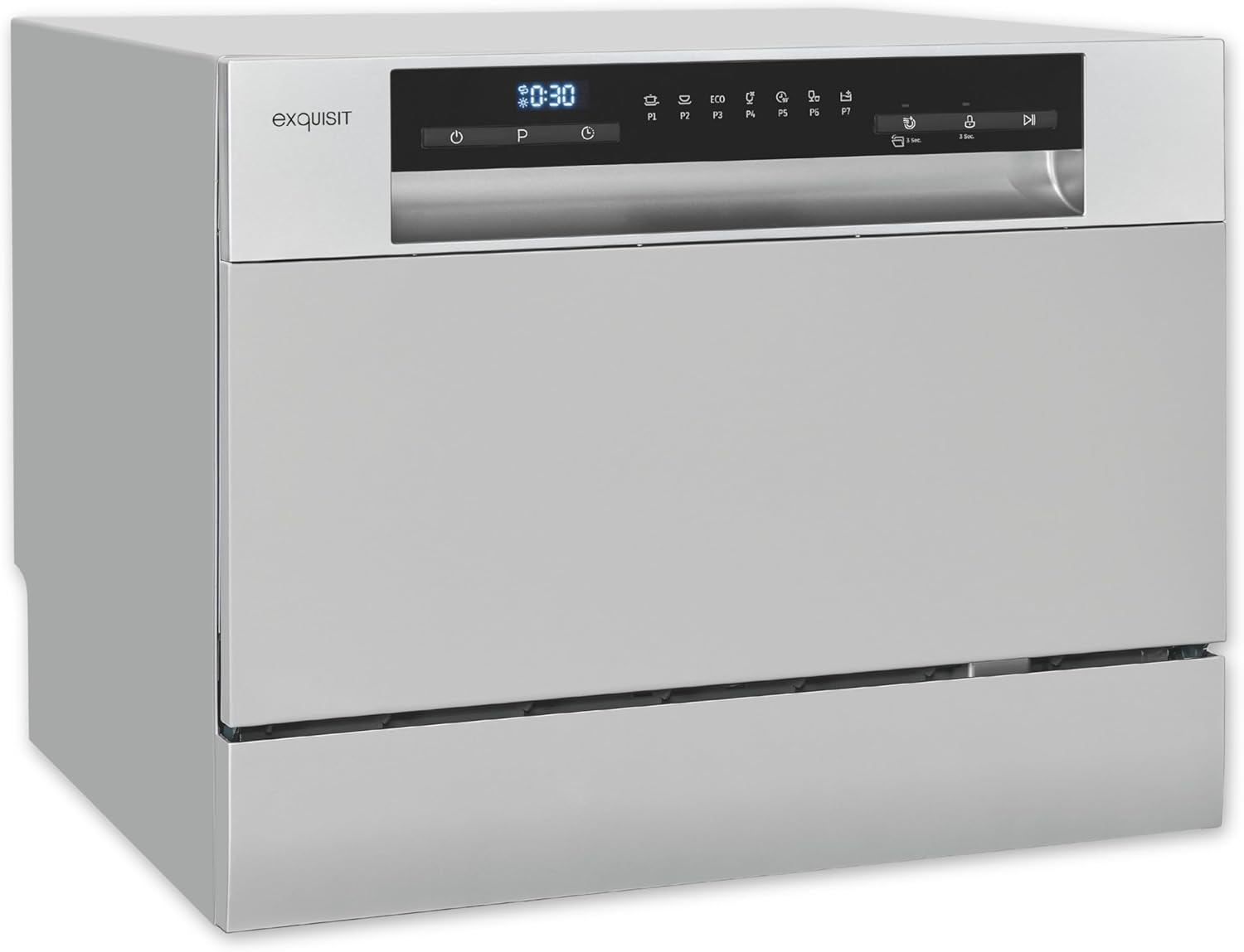 Exquisit Mini-Geschirrspüler, Tischspülmaschine, 55 cm breit, spülmaschine klein, Auto Türöffner, ECO-Modus, GSP5206-030D silber