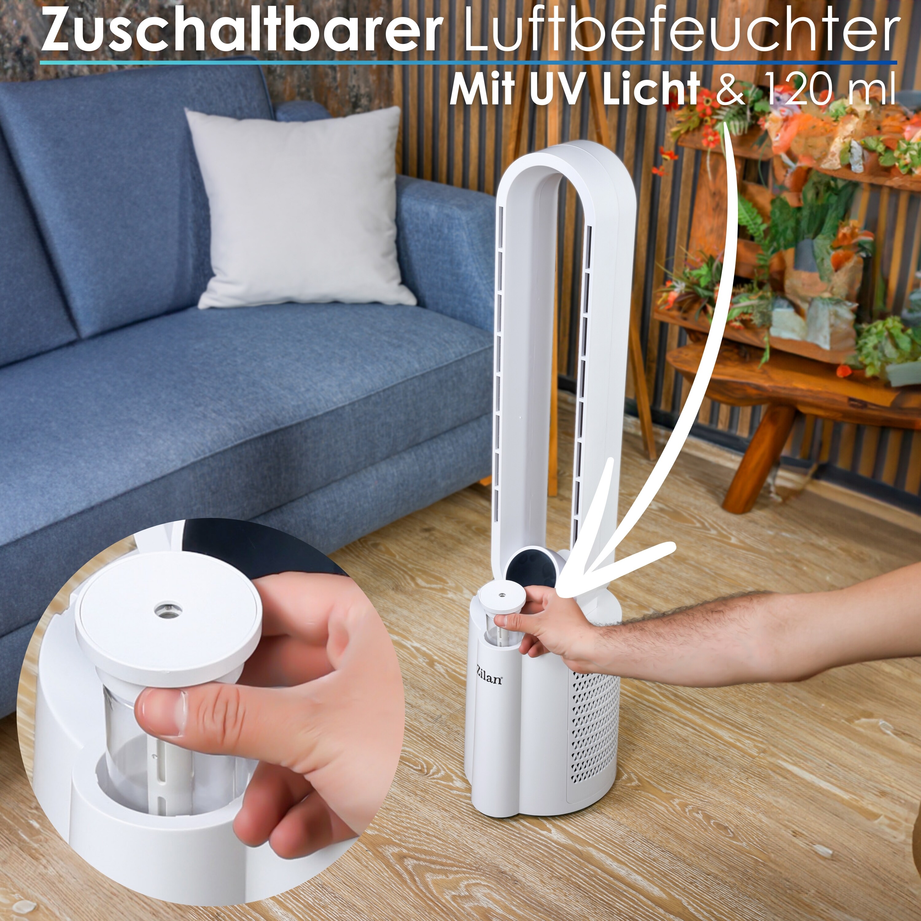Zilan Turmventilator mit Luftbefeuchter Fernbedienung 12 Stufen Timer