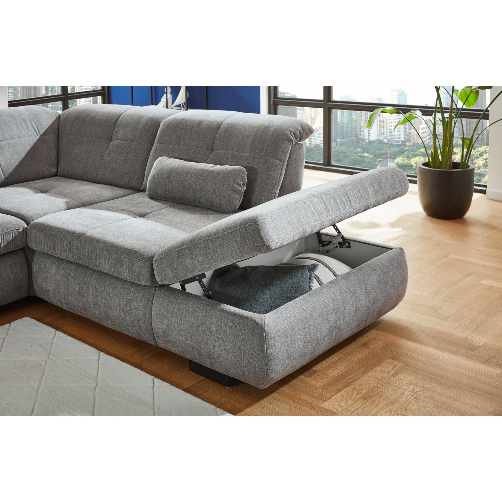 Ecksofa Paderborn Stoff grau, mit Funktionen, Ottomane rechts