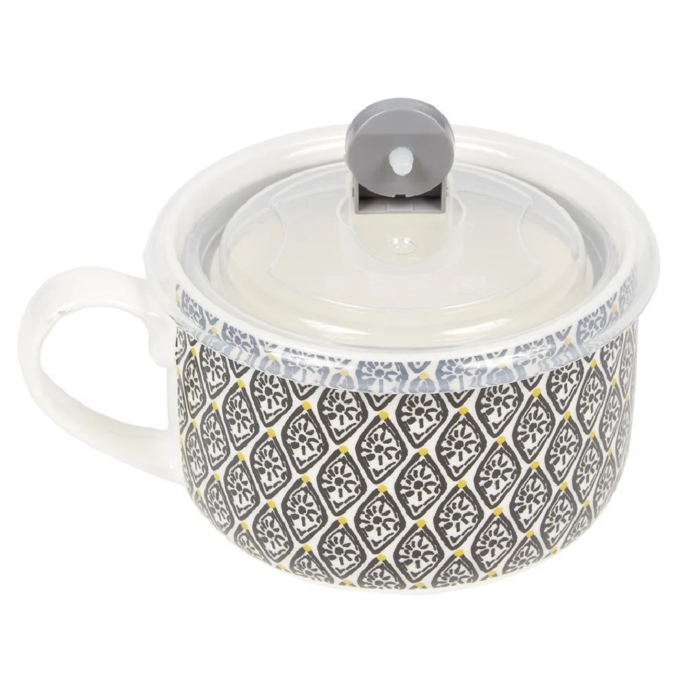 Bol jumbo soupe avec couvercle en porcelaine blanc motif noir