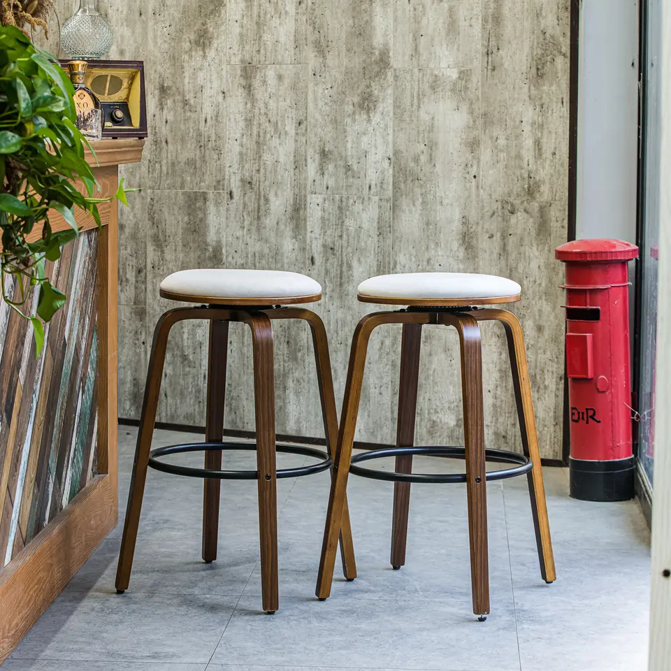 Set van 2 barkrukken in essen en beige fluweel