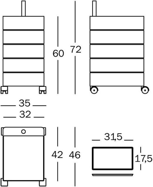 Magis ABS glänzend 360 Grad Büro Container, Metall Plastik, schwarz, 5 Drawers