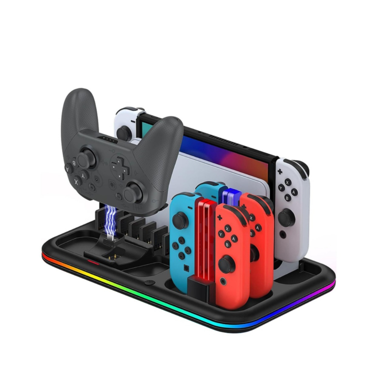 (5-fach) Ladestation Charging Dock für Nintendo Switch / OLED Joy-Con und Pro Controller   Spielehalterung mit RGB Beleuchtung - Weiss