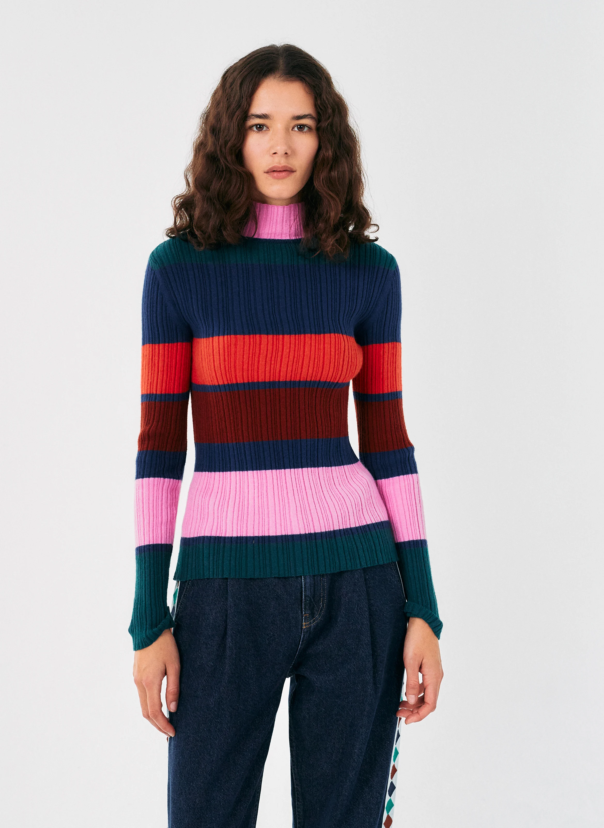 Pull cintré col montant rayé en maille mélangée | Multicolore