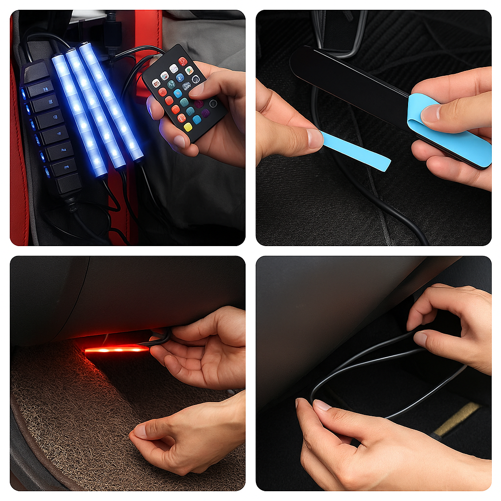 (4er Set) Lichtleisten  Auto Licht RGB Fussraumbeleuchtung für KFZ Innenraum / Sound Control   Fernbedienung / Zigarettenanschluss-Kompatibel - Bunt