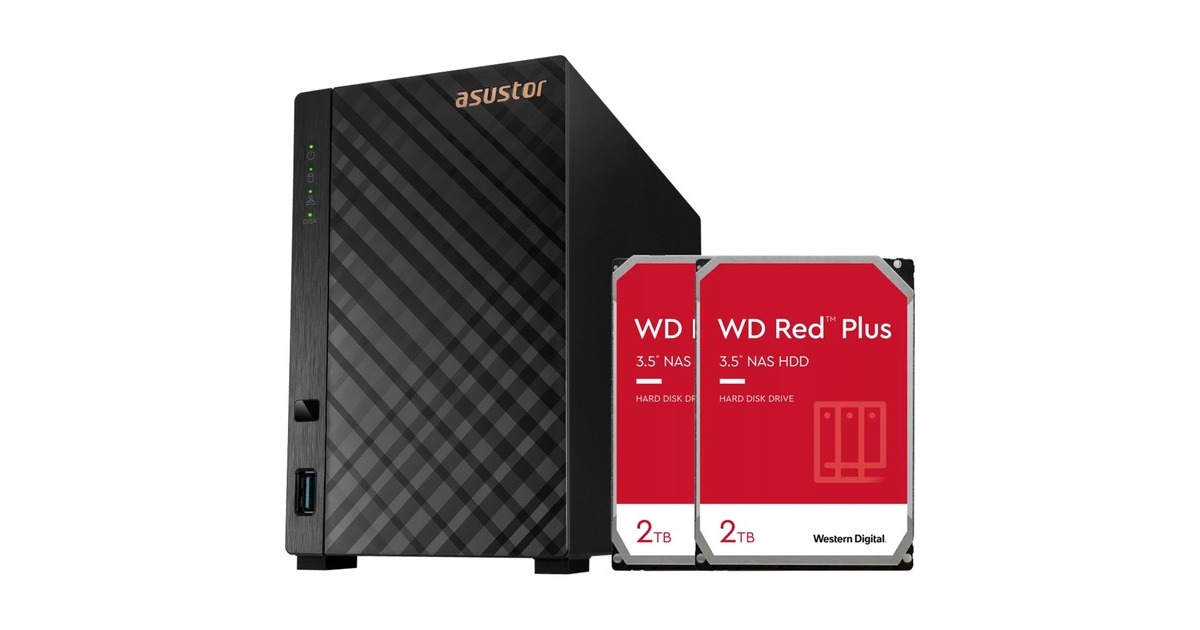 AsustorDrivestor 2 Lite incl. 2x WD Red Plus 2 TB harde schijf nas  (Zwart, 1x LAN, 2x USB)