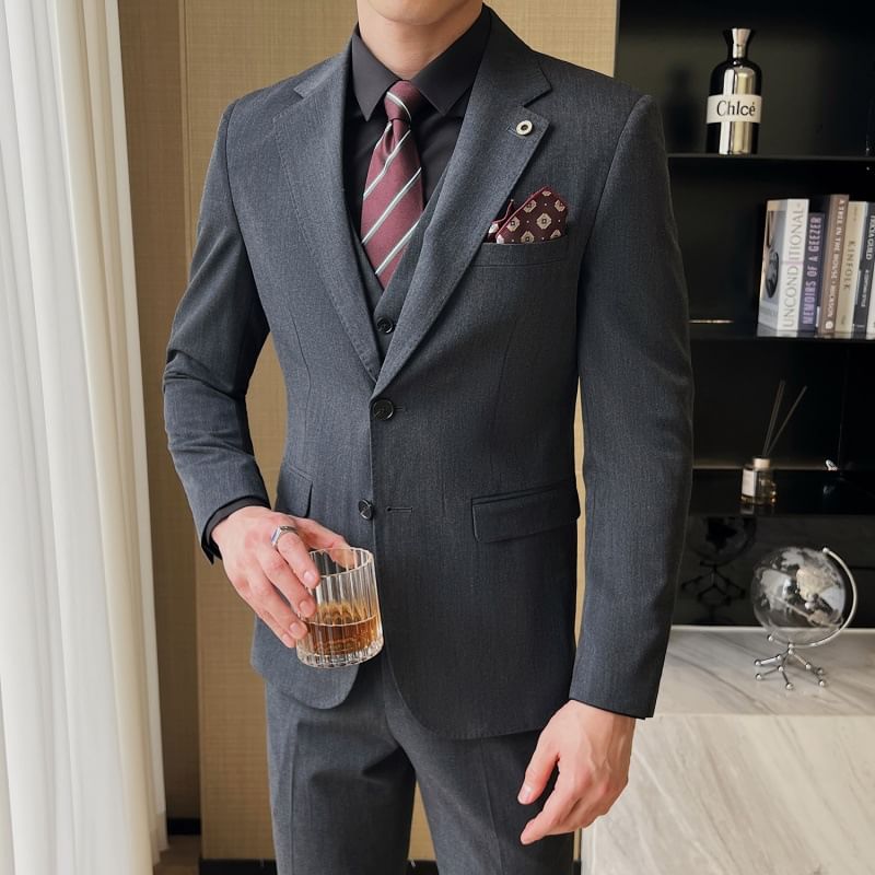 Sheck - Set: effen enkelrijs blazer met piekrevers + V-hals vest + middelhoge rechte broek