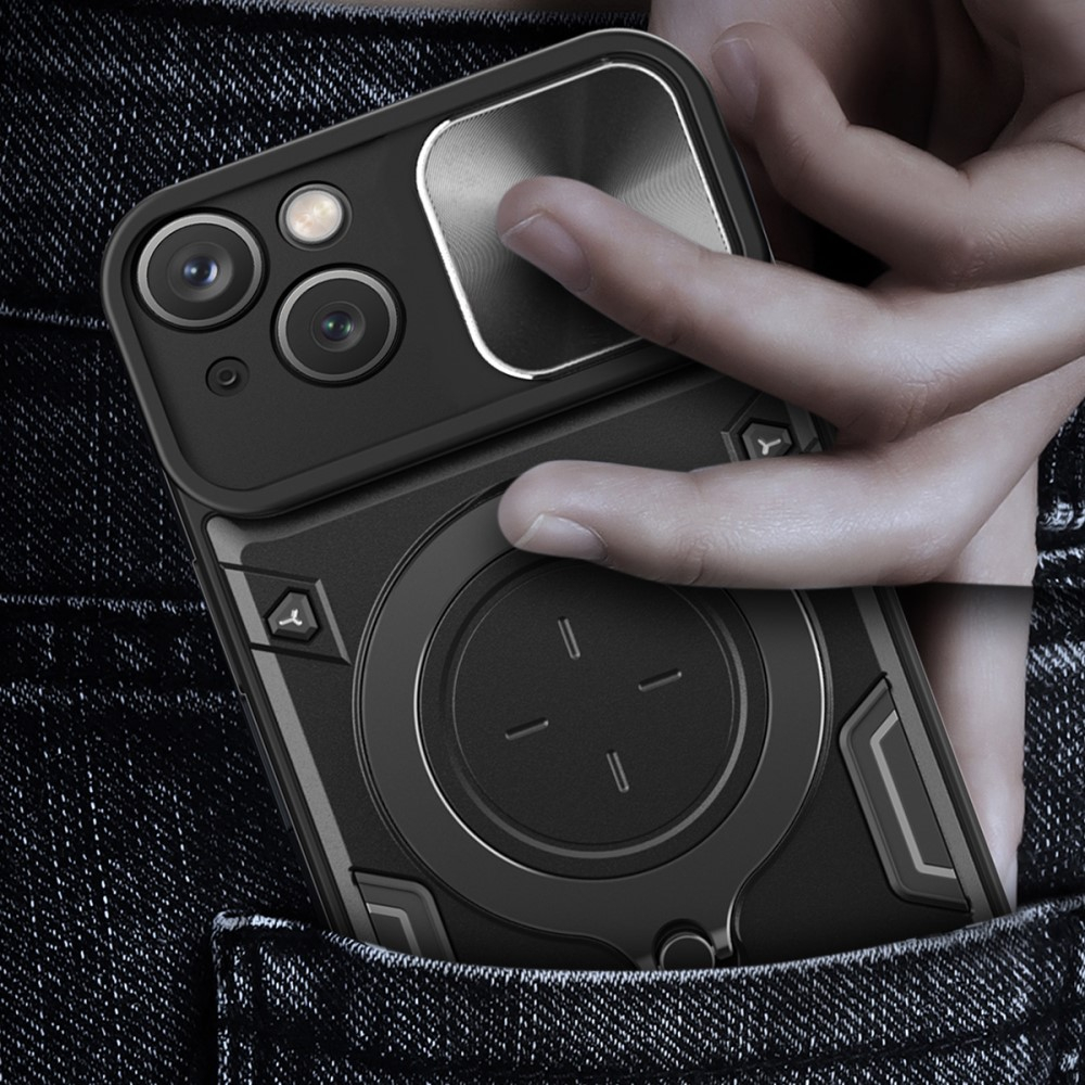 iPhone 15 Hybrid Outdoor Hardcase Hülle mit Cam-Slider   Magnetischer Kickstand - Schwarz