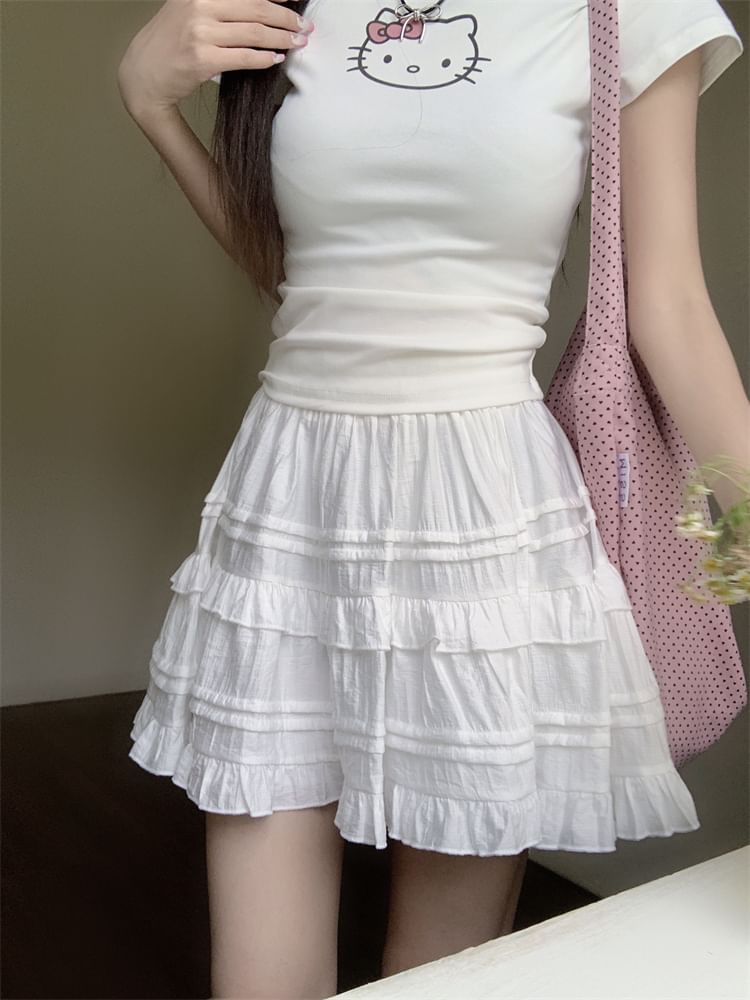 Flowerisque - Hoge taille effen geplooide mini A-lijn rok