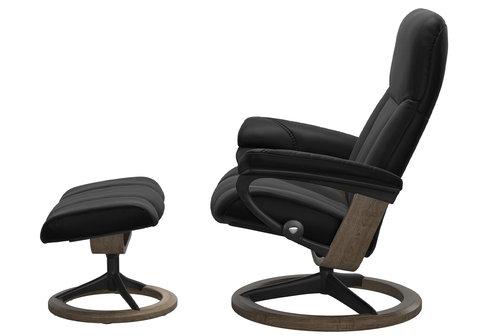 Consul lenestol m/krakk I hud Batick Black med Signature Matt sort smoked oak understell. Medium stol med krakk.