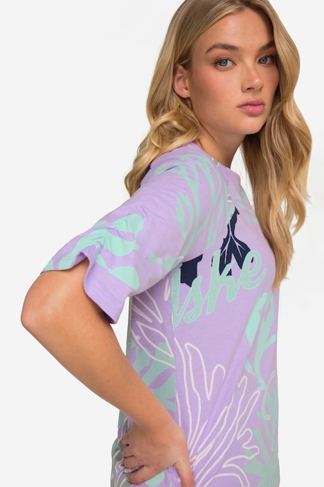 T-Shirt, Korallen-Print, Rundhals, Halbarm mit Raffung