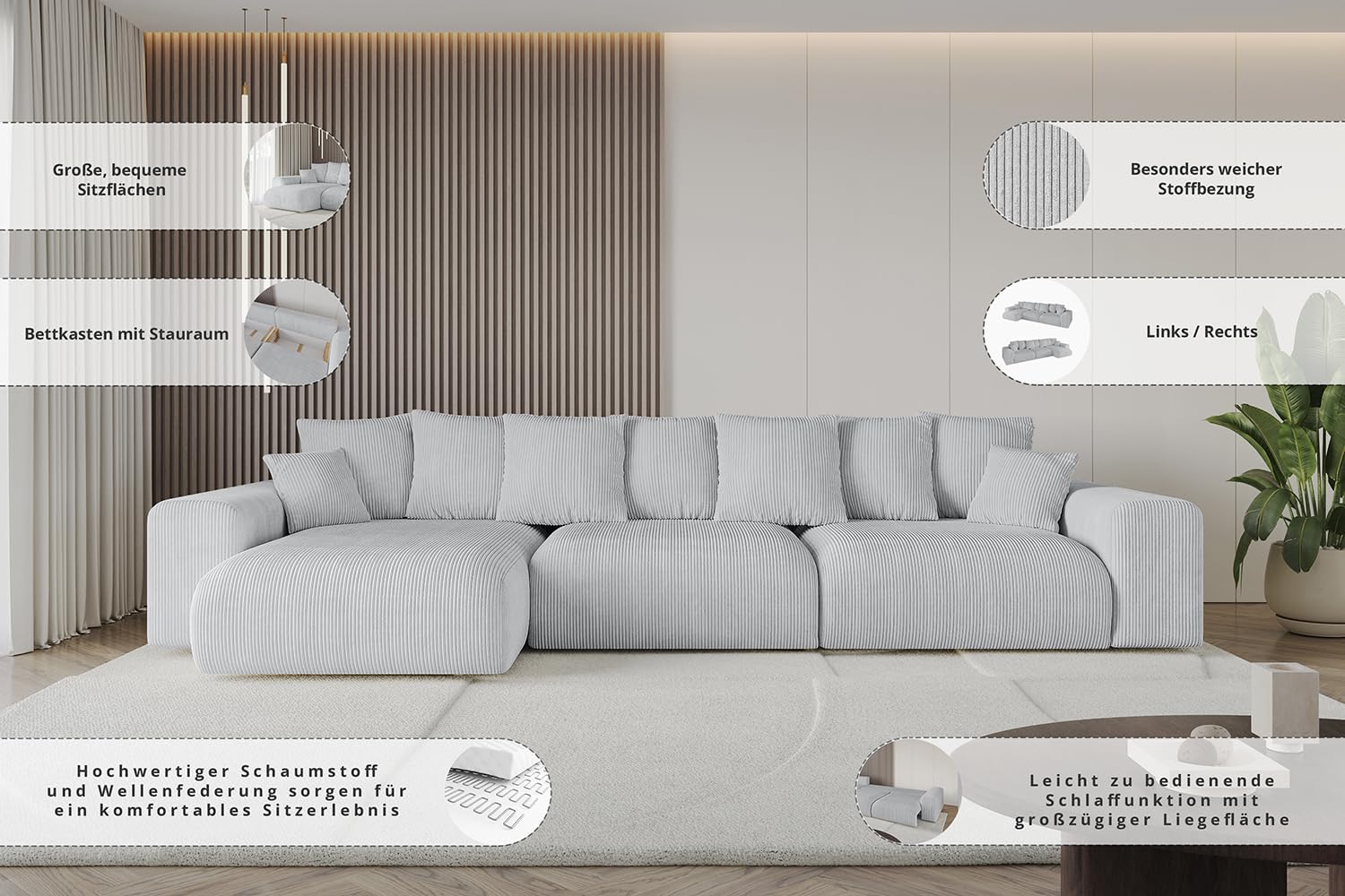 ALTDECOR Ecksofa mit Schlaffunktion und Bettkasten Corner Sofa Bett Eckcouch Couch L-Form Schlafcouch Ausziehbar Wohnlandschaft Schlafsofa Cauchsofa Eskar-L2-364x176x84 Senfgelb