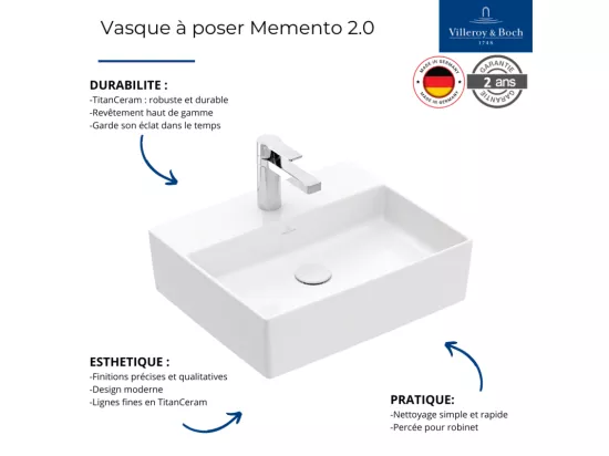 Vasque à poser VILLEROY ET BOCH Memento 2.0 blanc avec trop plein 50 x 42 cm