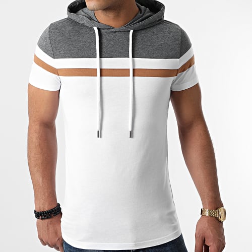 Tee Shirt Capuche Tricolore 1114 Gris Anthracite Blanc Camel