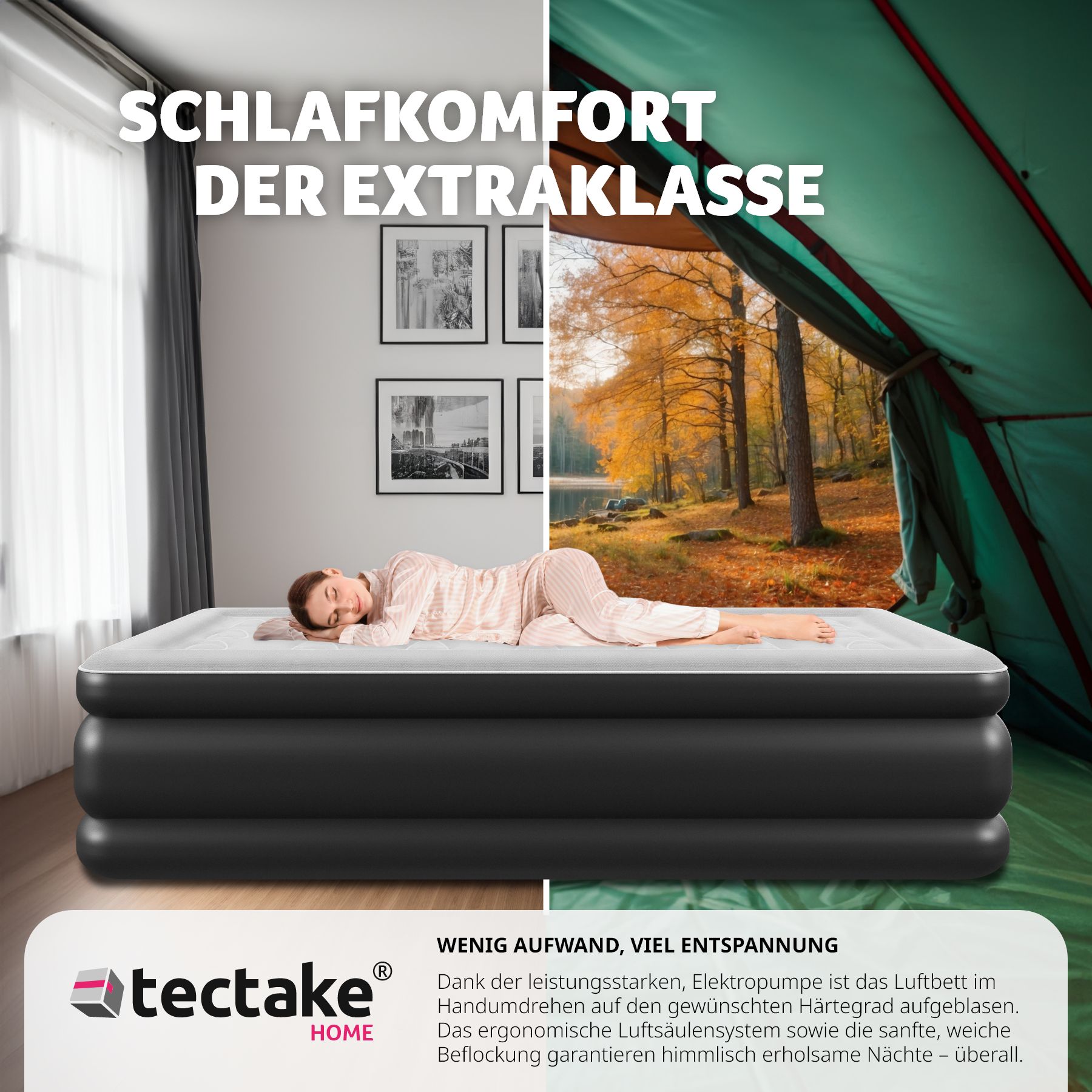 tectake® Aufblasbare Matratze, für 1 oder 2 Personen, ergonomisches Luftsäulensystem, inkl. manuellem Ventil und Tragebeutel