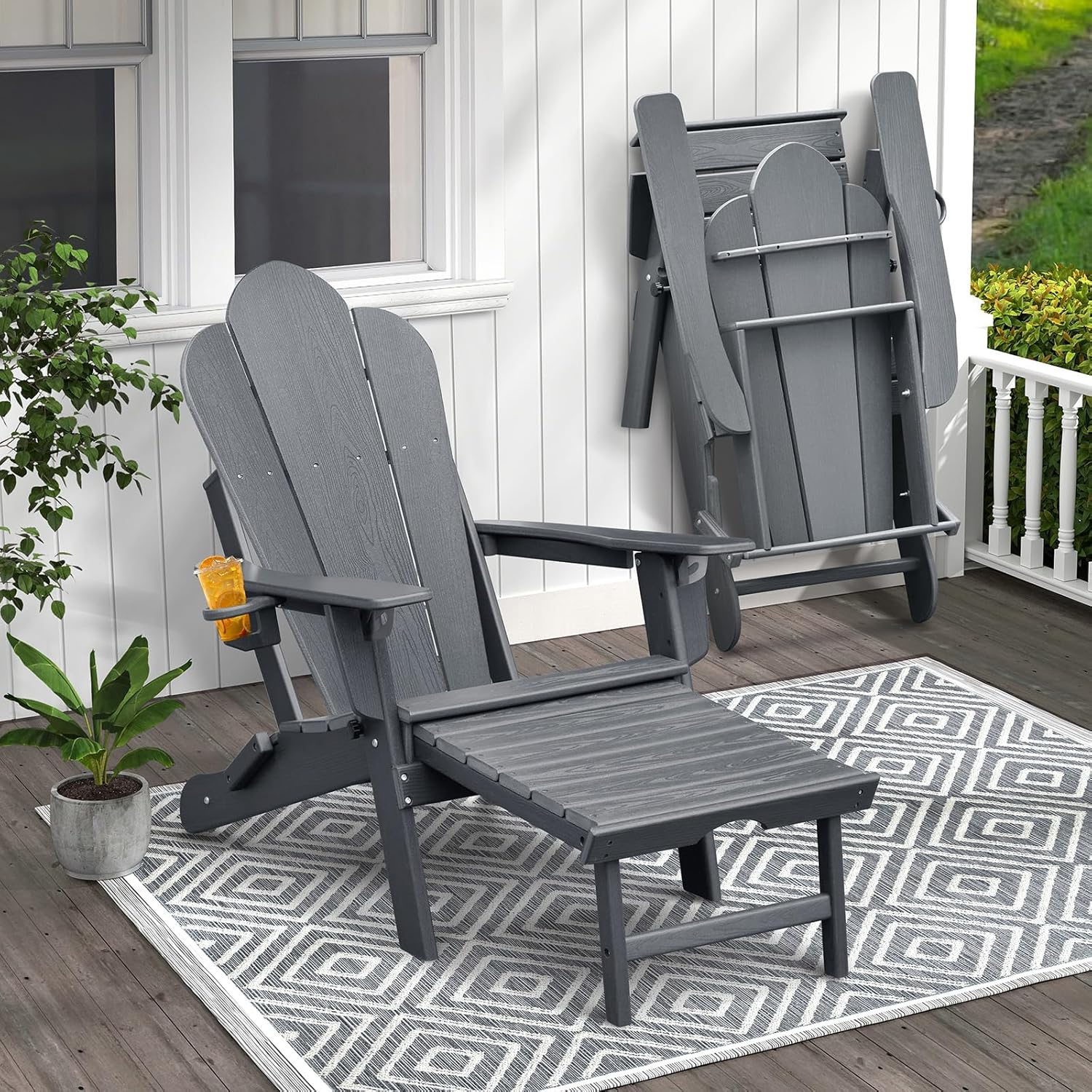 ART TO REAL ATR Klappbarer Verstellbarer Adirondack Stuhl mit ausziehbarem Ottoman,Gartenstuhl mit ausziehbarer Fußruhe,HDPE Liege Outdoor Adirondack Chair mit Tassenhalter, Patio Liegestuhl