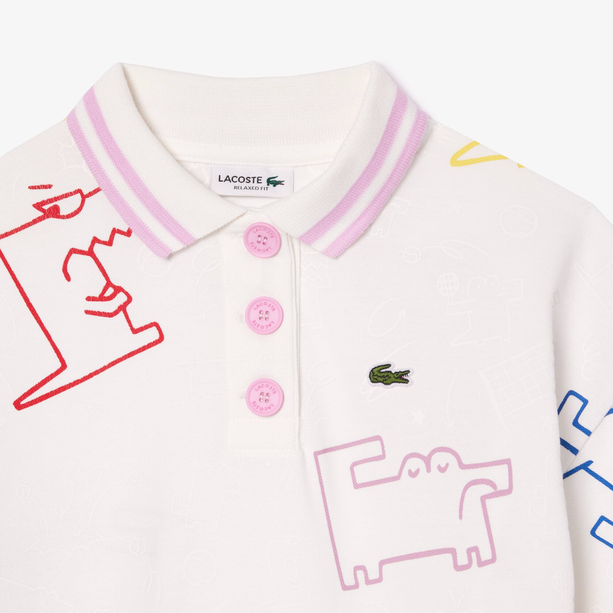 Kleid aus Baumwoll-Piqué mit Croc-Print Hosen & Kleider - Weiss - Lacoste - Mädchen