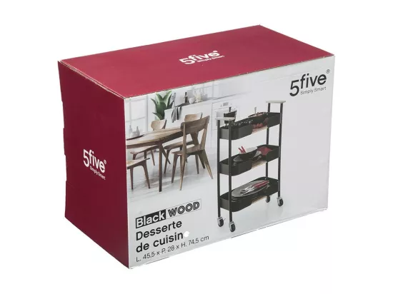 Desserte de Cuisine roulante à 3 niveaux en Métal Noir et Bois H 74.6 cm