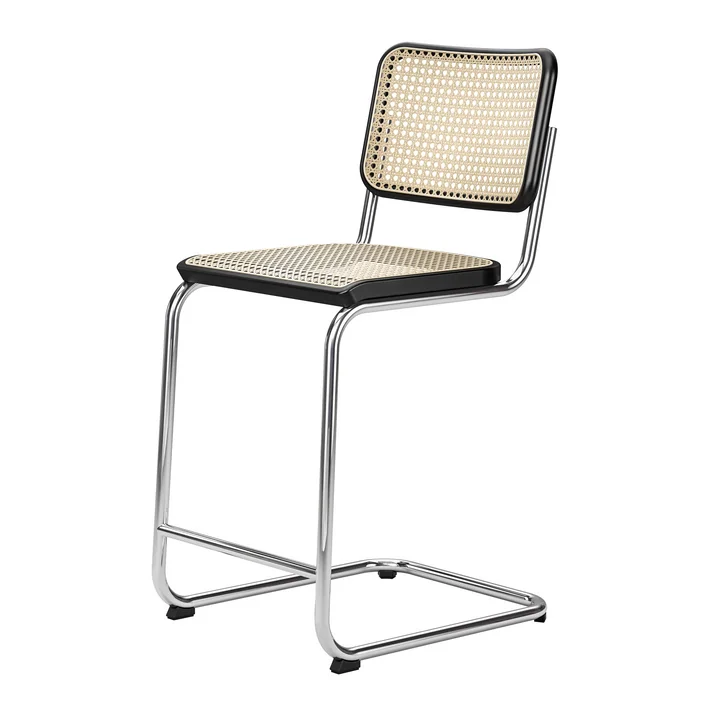 Thonet - S 32 VHT Barstuhl SH 64 cm, Chrom / Buche schwarz gebeizt / Rohrgeflecht mit Kunststoffstützgewebe