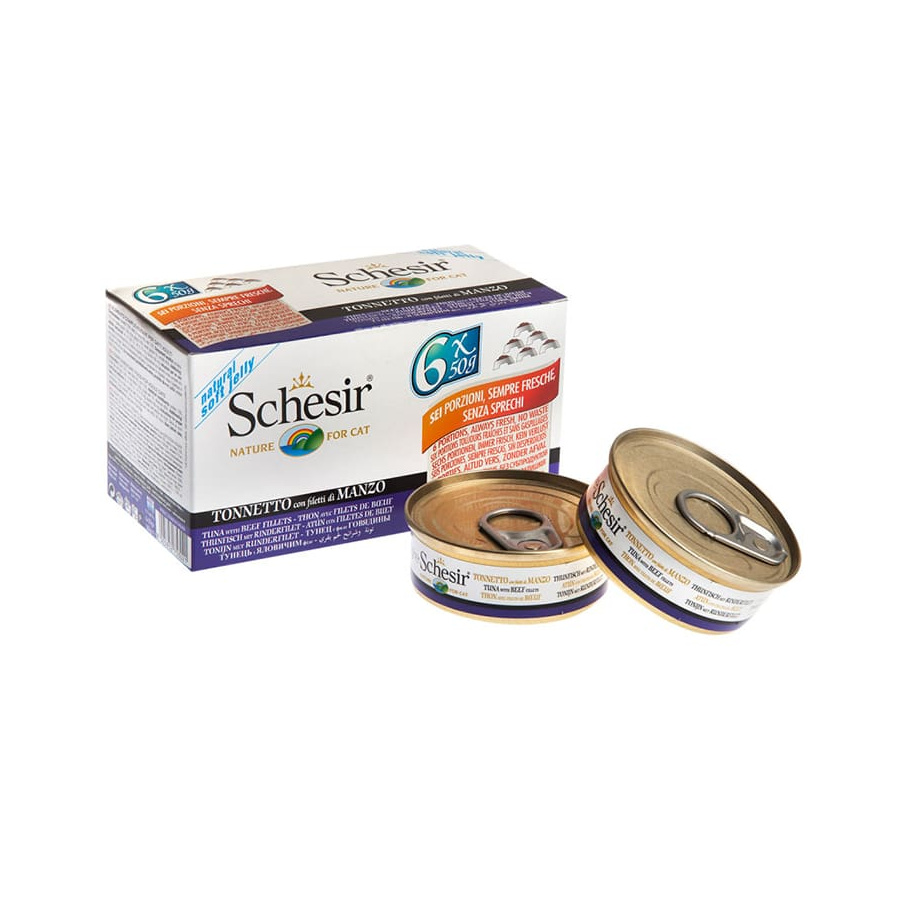 6 latas de 50g de atum e filé de carne bovina Schesir Nature em gelatina para gatos