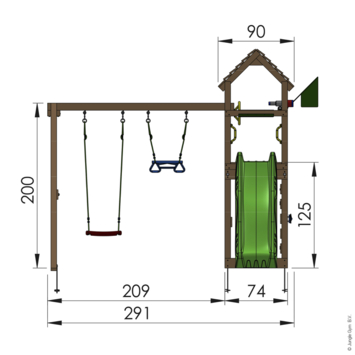 Speeltoestel Jungle Gym Cocoon met groene glijbaan en dubbele schommel van douglashout