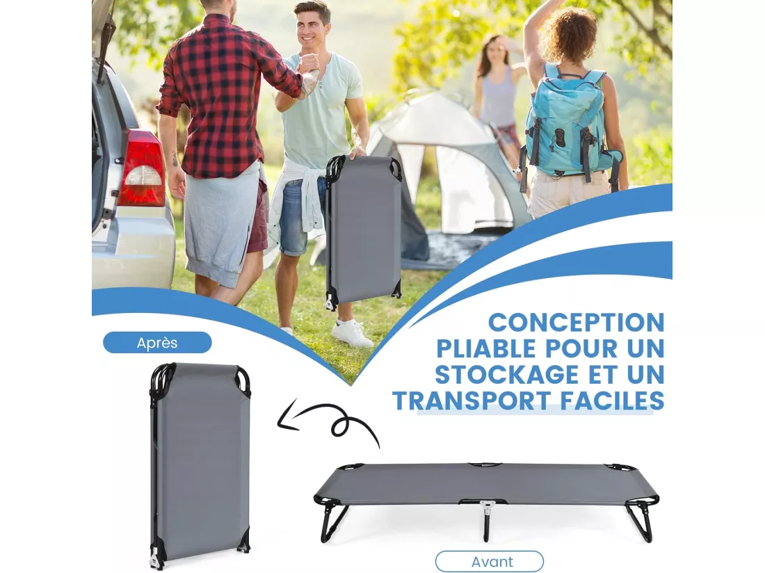 Lit de Camping Pliable en Tissu et velours Oxford avec Tubes Métalliques Épaissis, Compatible Sac de Couchage, 190x56x30 cm,Gris, 150kg