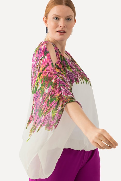 Bluse, Blüten, doppellagig, Rundhals, Halbarm