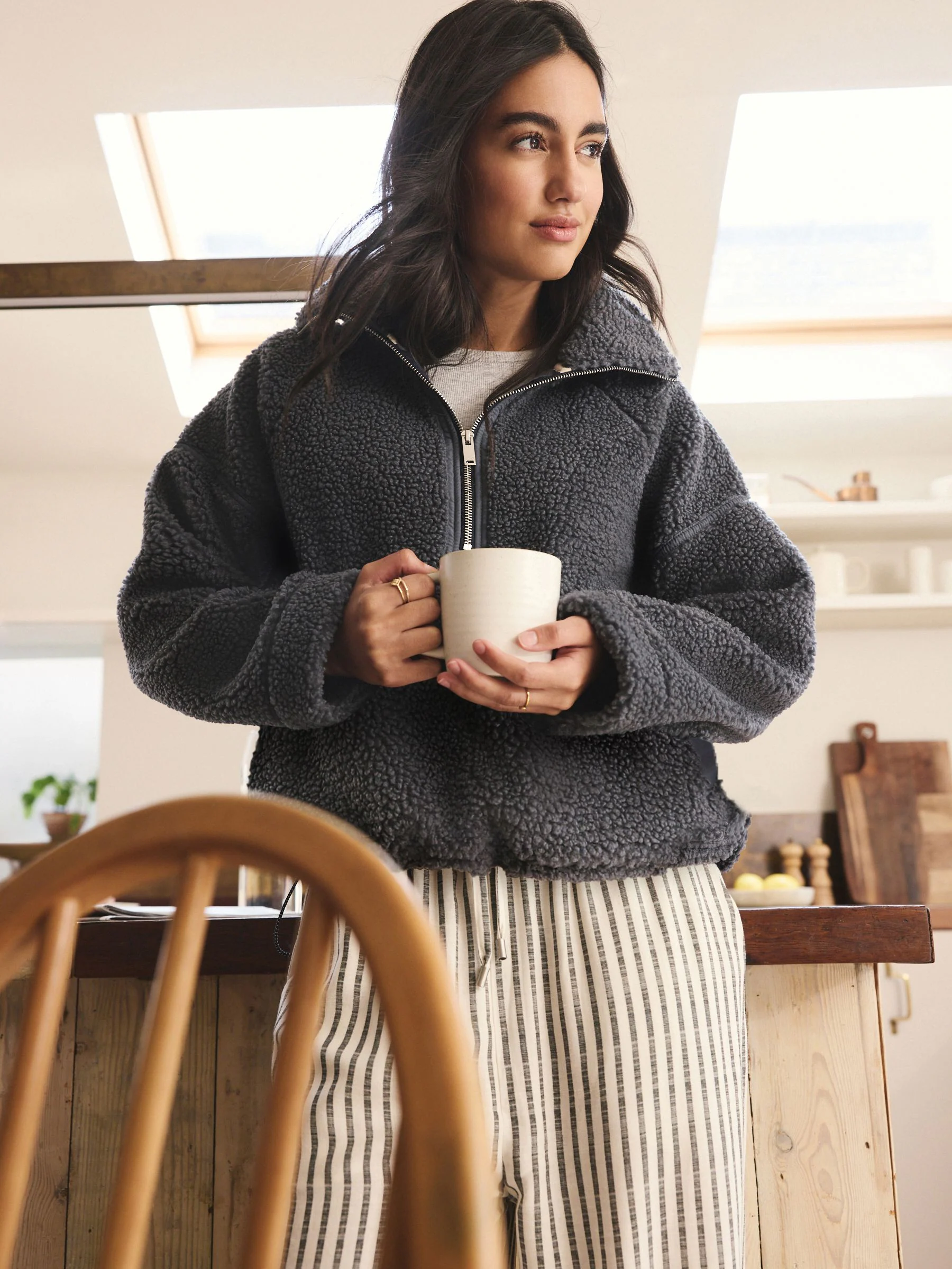 Grijs - Borg fleece met korte rits