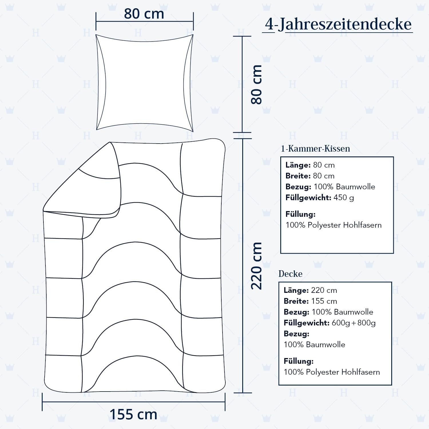 Premium Decke und Kissen - Grönland, 4-Jahreszeitendecke 155x220 cm + Kopfkissen 80x80 cm, Schlafdecke mit Körperzonen-Steppung atmungsaktiv, hautfreundlich, hypoallergen