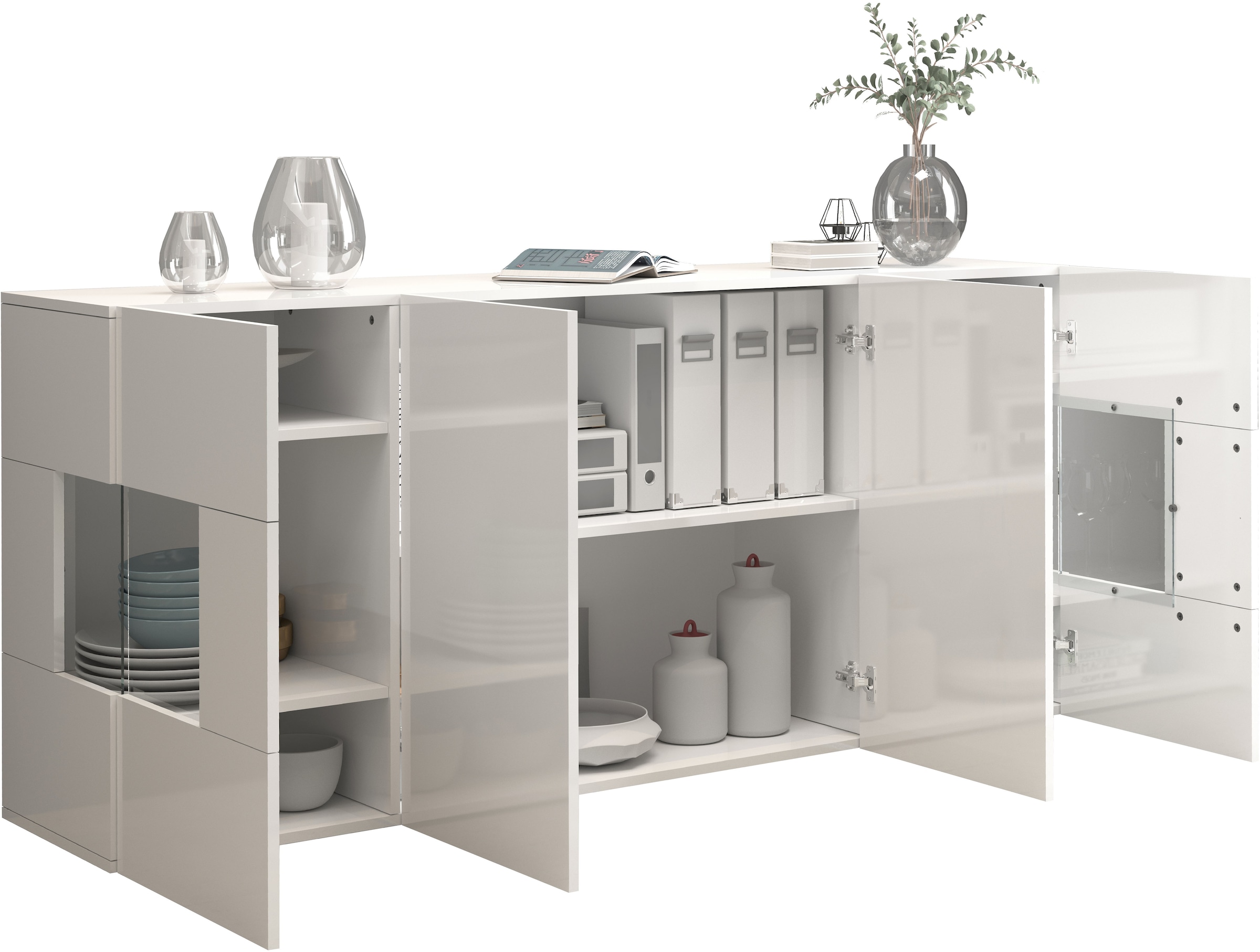 INOSIGN Sideboard »Egypt, Kommode, Schrank, Kredenz, Vitrine grifflos« 4 Türen davon 2 mit Glaseinsatz, kompl. Hochglanz lackiert, Breite 180