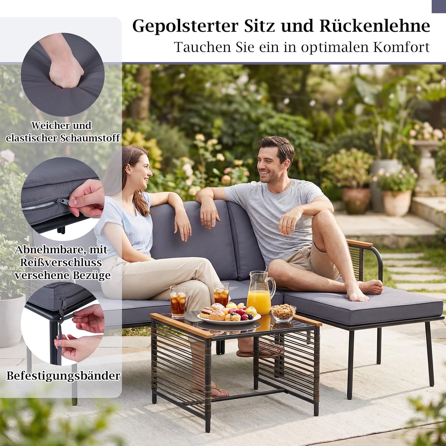 COSTWAY Lounge Möbel Outdoor, Polyrattan Gartenlounge mit Tisch und Kissen, Gartenmöbel Set, Balkonmöbel, Terrassenmöbel, 3-teilige Sitzgruppe, Sitzgarnitur für Garten, Terrasse, Balkon