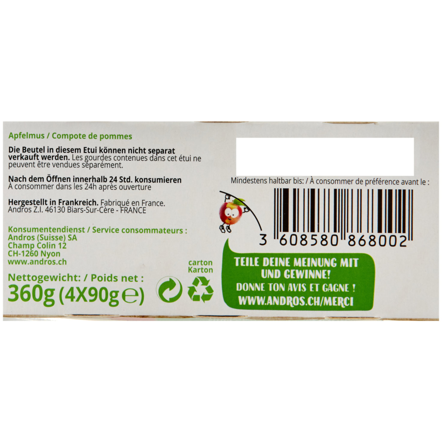 Andros Apfelmus 4x90g