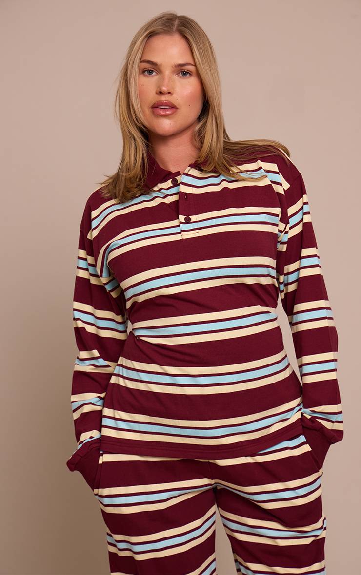 Rouge Bordeaux Haut Polo Shape À Rayures Avec Taille Cintrée
