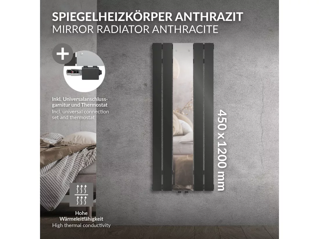 Radiateur plat anthracite 45x120 cm avec miroir et kit raccordement universel