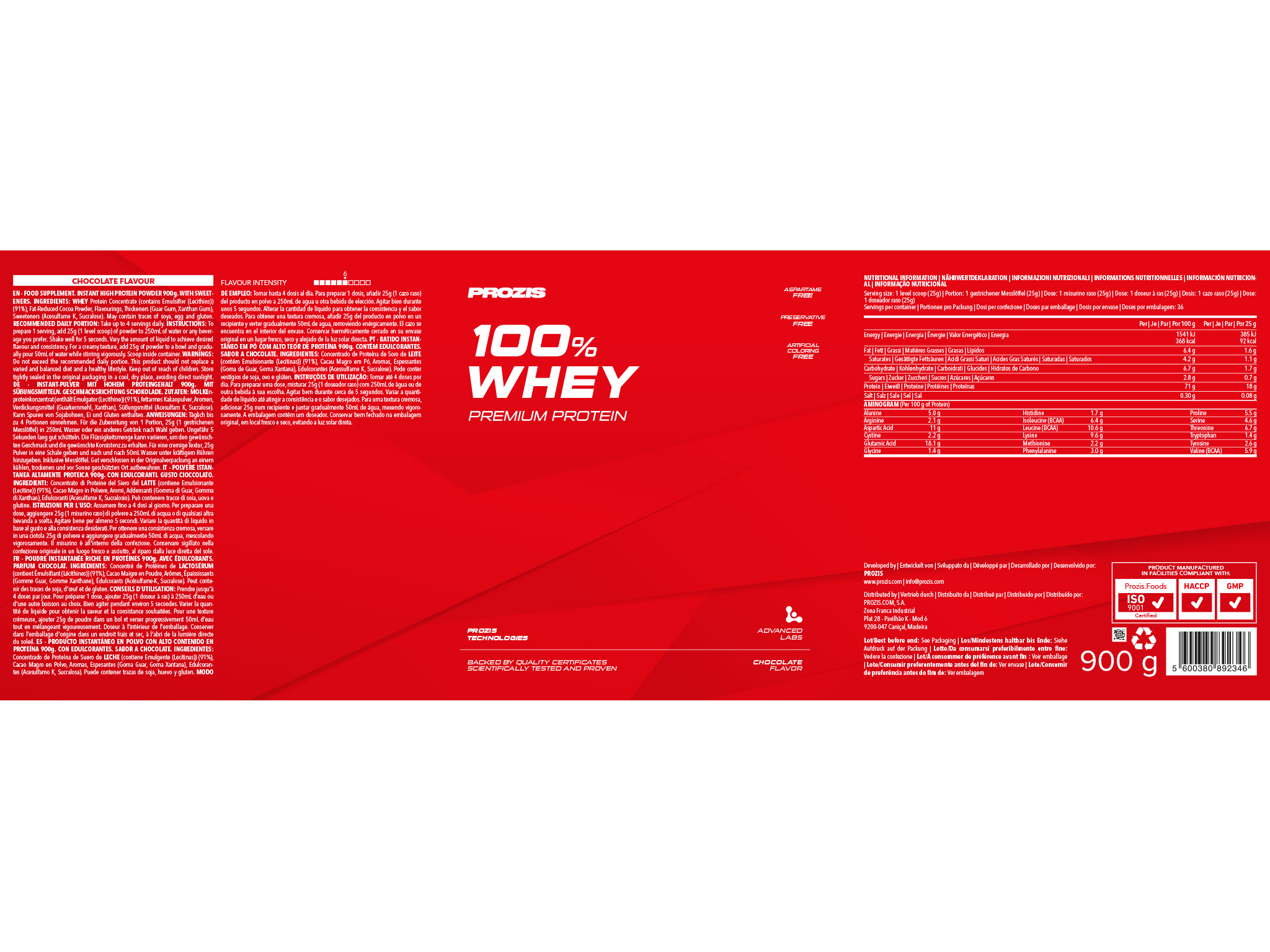 PROTEÍNA PROZIS 100% WHEY CHOCOLATE 900G