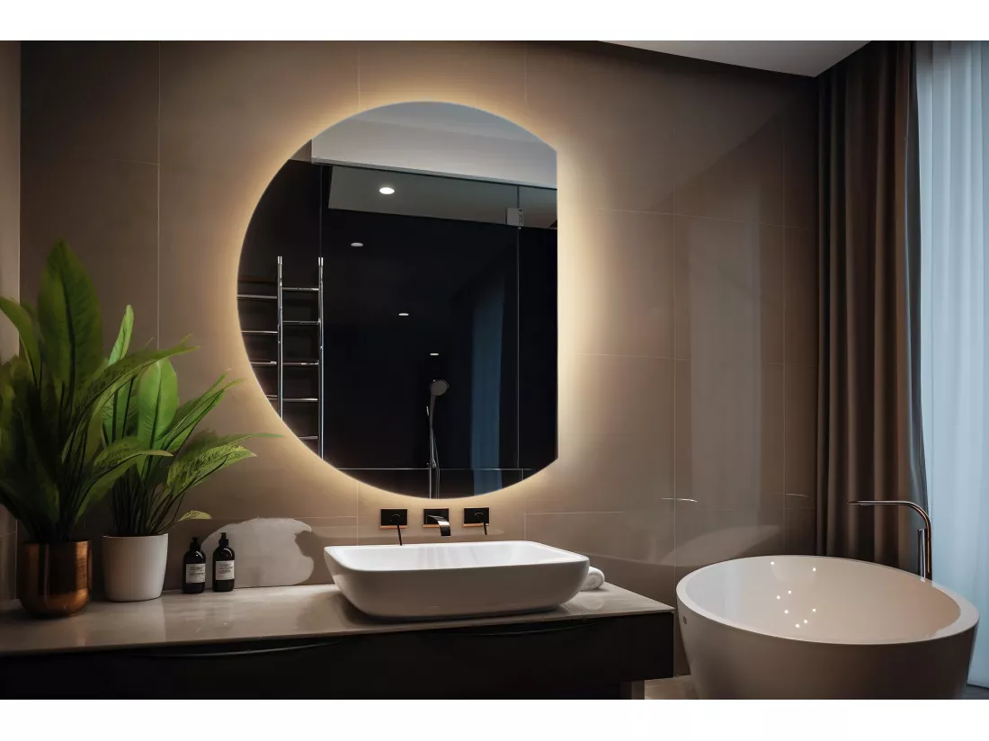 Miroir rond biseauté, miroir moderne avec rétroéclairage LED - 100 cm - Lumière chaude