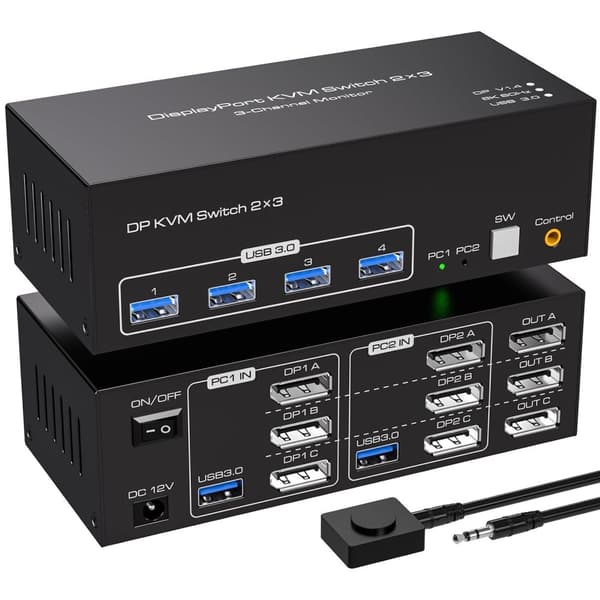 NÖRDIC DisplayPort 1.4 KVM-bryter 2 datamaskiner 3 skjermer 8K60Hz 4K144Hz trippel skjerm 4 USB 3.0 for 2 PC-er deler 3 skjermer