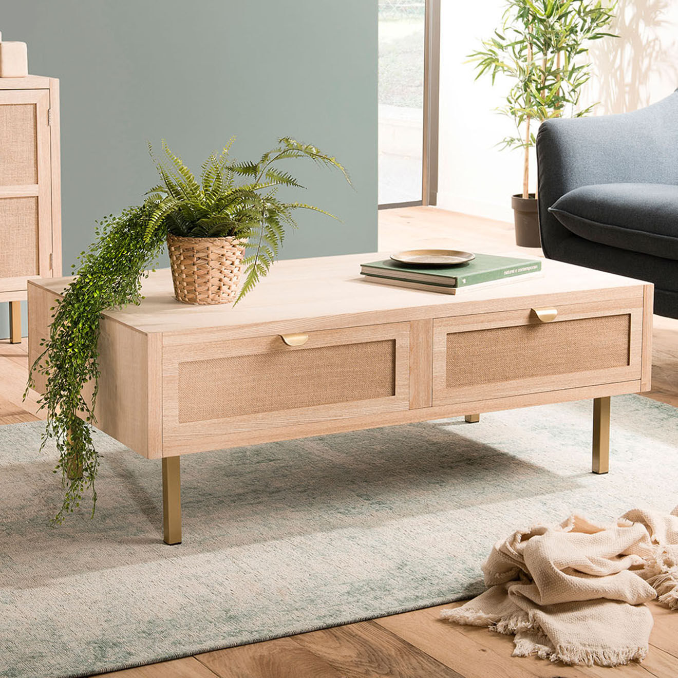Macabane Table basse 2 tiroirs toile de jute aline bois/dorée - 110x60x40 cm